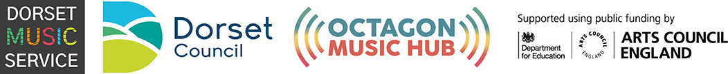 Dorset Music Service, Dorset Council, Octagon Music Hub, Arts Council England logos